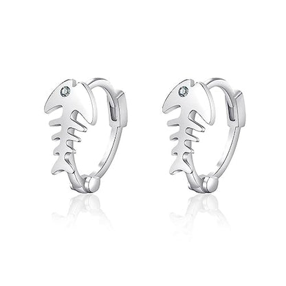 Fishbone Hoop Earrings for Women Gold Silver Plated Fish Skeleton Chic Cubic Zirconia Small Huggie Hoop Earrings for Ocean Sea Nautical Vacation Jewelry Accessories - color: Silver