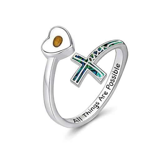 Heart Mustard Seed Cross Rings Adjustable Open Faith Cross Rings Christian Religious Jewelry Gifts for Women Mother Daughter