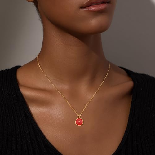 Robaice Cross Necklace for Women, Dainty 14K Gold Plated Cross Necklace - style: disc cross red