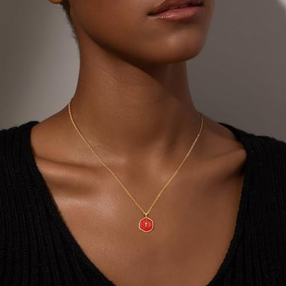 Robaice Cross Necklace for Women, Dainty 14K Gold Plated Cross Necklace - style: disc cross red