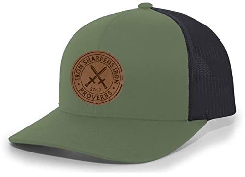 Heritage Pride Christian Iron Sharpens Iron Proverbs 27:17 Laser Engraved Leather Patch Mesh Back Trucker Hat - color: Loden/Black