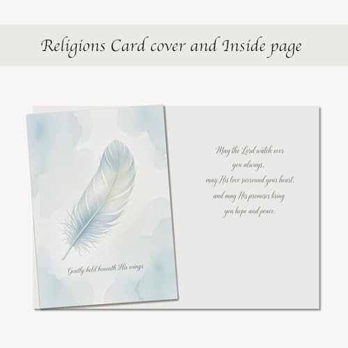 Religious Greeting Card Single Feather Design – “Gently Held Beneath His Wings” – 5x7 Inch Religious Card with Envelope for Sympathy Condolence Prayer Comfort – Faith Encouragement Spiritual Memorial Card — Single Card - color: Single Feather