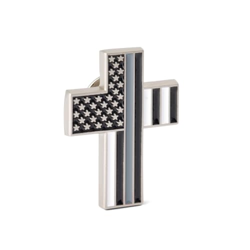 Great 1 American Flag Christian Cross Lapel Pin - color: Thin Grey-Gray Line