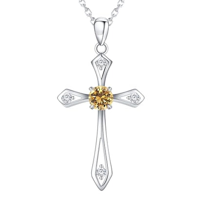 Cross Necklace for Women,925 Sterling Silver Faith Jewerly Gift - color: 11-November-Citrine