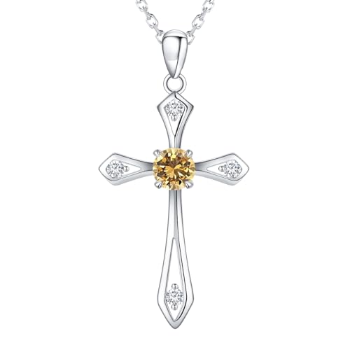 Cross Necklace for Women,925 Sterling Silver Faith Jewerly Gift - color: 11-November-Citrine