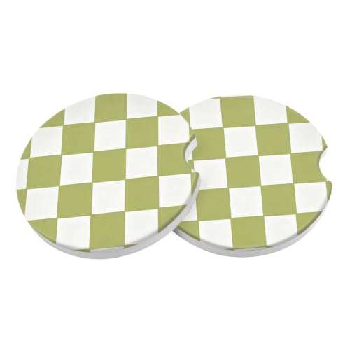 Car Coasters 2 Pack, Small 2.56" Stone Car Interior Cupholder Absorbent Coaster with Cork Back for Women Men Coffee Drink Cup Coasters (Green-White Checkered) - color: Green-white Checkered