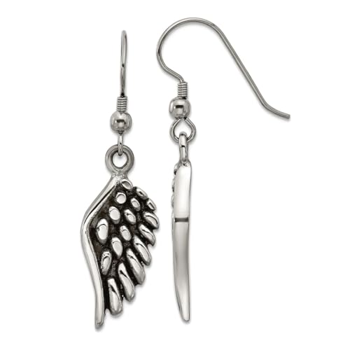 Stainless Steel Oxidized and Polished Religious Guardian Angel Wing Shepherd Hook Earrings 40x11mm Wide Stud Earring for Women