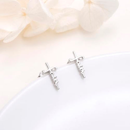 925 Sterling Silver Infinity Love of God Simple Dainty Faith Cross Dangle Earrings Religious Gift for Women - color: Faith Cross