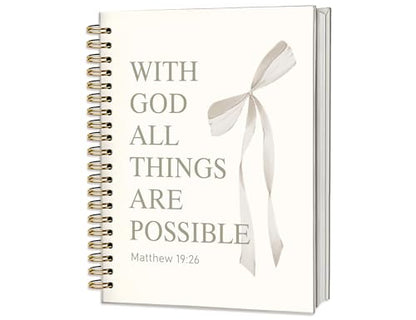 White Bible Journal for Women, A5 Spiral Christian Notebook & Study Supplies, Cute Hardcover Coquette Bow Diary with Scripture Matthew 19:26 for Church Notes, Prayer & Teen Girls, 5.5 x 8.3 Inch - color: (White) Matthew 19:26