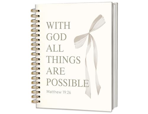 White Bible Journal for Women, A5 Spiral Christian Notebook & Study Supplies, Cute Hardcover Coquette Bow Diary with Scripture Matthew 19:26 for Church Notes, Prayer & Teen Girls, 5.5 x 8.3 Inch - color: (White) Matthew 19:26