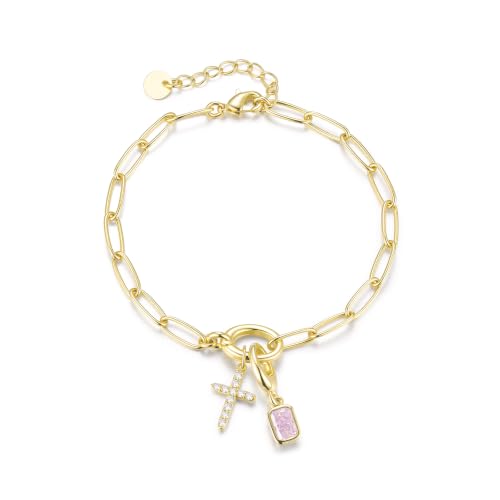 Free bird 14K Gold Cross Birthstone Bracelets for Women Dainty Charm - color: 10-Oct.