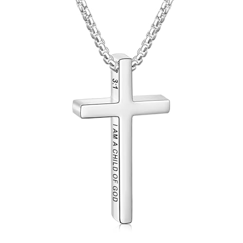 Avotto 316L Stainless Steel Bible Verse Cross Necklace Religious Jewelry Gifts for Men Boys, Silver Gold Black Mens Boys Necklace Non-Fading Sturdy Box Chain with Inspirational Cross Pendant 18+2Inch - color: Silver, style: 3:1