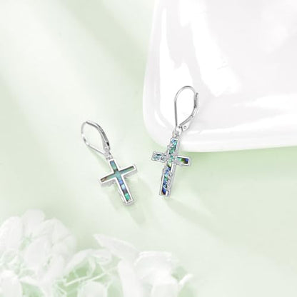 Flower Cross Earrings 925 Sterling Silver Cross Dangle Drop Leverback Religion Jewelry Birthday Gifts for Women