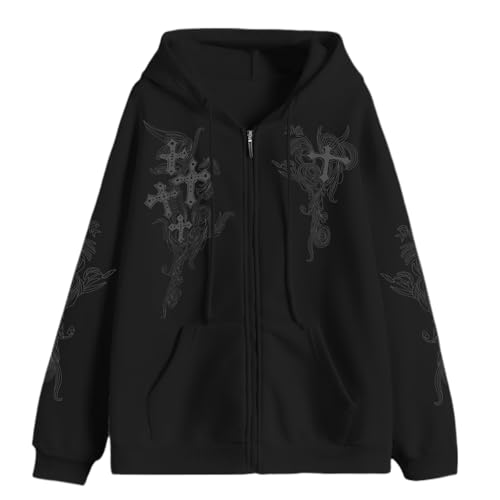 Zip Up Hoodies Y2k Jacket Graphic Gothic Jackets Grunge Cross Hoodie Baggy Streetwear Emo Sweater Aesthetic Clothes - color: Black, size: XX-Large