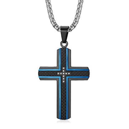 Men's Stainless Steel Cross Necklace,Two-Tone Black & Blue Carbon Fiber Pendant - Included Gift Box - style: Black & Blue XL0004