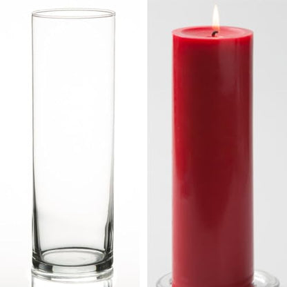12 Eastland Glass Cylinder Vases 10.5" and 12 Red Richland Pillar Candles 9" - color: Red, size: 9"