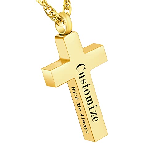 Cremation Cross Necklace for Ashes Stainless Steel Cross Urn Pendant Ashes Holder Memorial Jewelry-With Me Always - style: With me always-Gold engraving