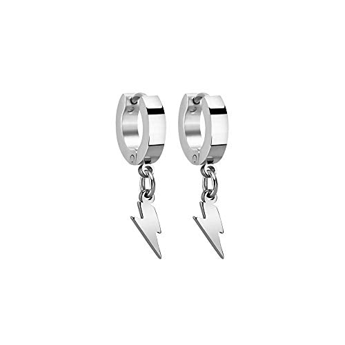 Unisex Punk Hip Hop Stainless Steel Silver Black Gold Tone Lock Thunder Lightning Bolt Dangle Huggie Hoop Earrings Gift for Women Men Boy Teens - color: Silver