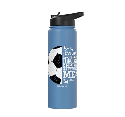 Christian Soccer Faith Graphic Bible Verse Philippians 4:13 Stainless Steel Insulated Water Bottle - color: Light Blue