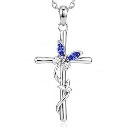 Distance Cross Necklace for Women 925 Sterling Silver Jewelry Pendant Necklace for Mom Wife Gift for Mother's Day or Birthday - style: 12-Blue Topaz