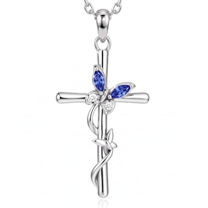 Distance Cross Necklace for Women 925 Sterling Silver Jewelry Pendant Necklace for Mom Wife Gift for Mother's Day or Birthday - style: 12-Blue Topaz