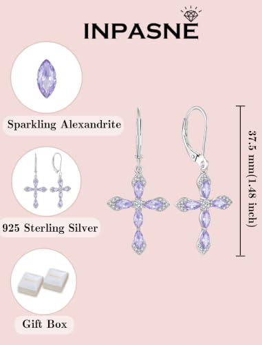Birthstone Cross Earrings for Women 925 Sterling Silver - color: 06 June - Alexandrite
