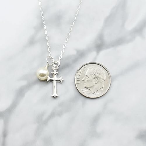 Sterling Silver Cross Necklace with 6mm Pearl | 14" Chain | Godchild Baptism Cross | Delicate Christian Jewelry for First Communion and Christening | Gift for Goddaughter