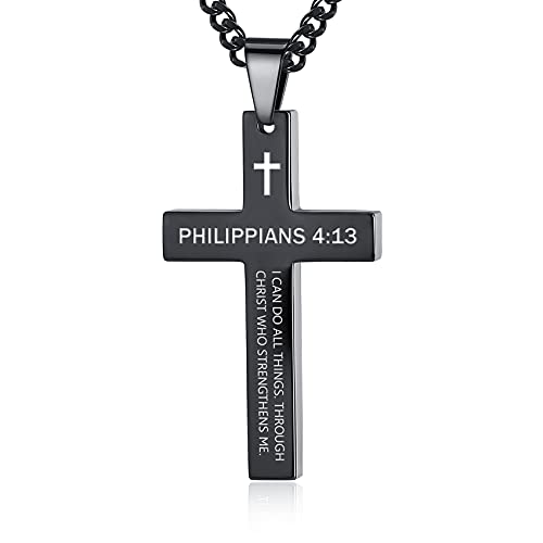 REVEMCN Black & Silver Bible Verse Cross Necklace for Men Boys 20-24" Chain - color: Philippians 4:13 - Black