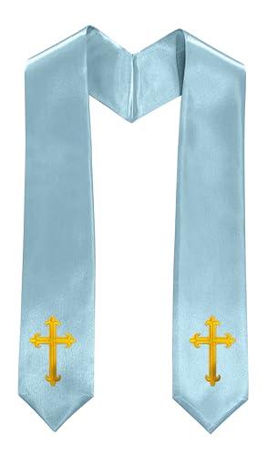 Priest White Stole 60 Inch Gold Cross Embroidery Church - color: Sky Blue Stole + Gold Cross