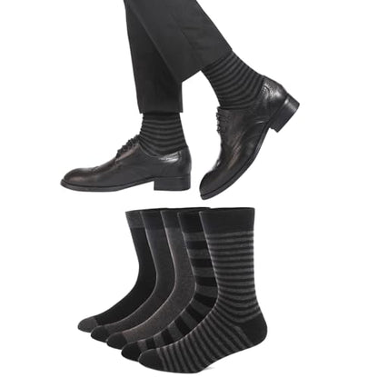 Men's Colorful Striped Dress Socks, 5-Pack Cotton, Sock Size 10-13 - color: Black & Charcoal Classic Mix