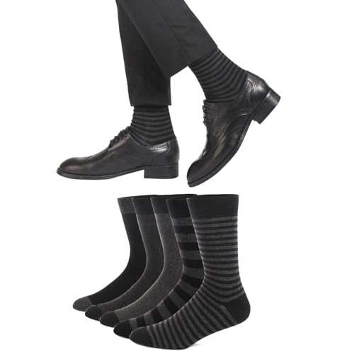 Men's Colorful Striped Dress Socks, 5-Pack Cotton, Sock Size 10-13 - color: Black & Charcoal Classic Mix