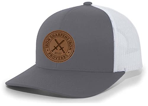 Heritage Pride Christian Iron Sharpens Iron Proverbs 27:17 Laser Engraved Leather Patch Mesh Back Trucker Hat - color: Charcoal/White