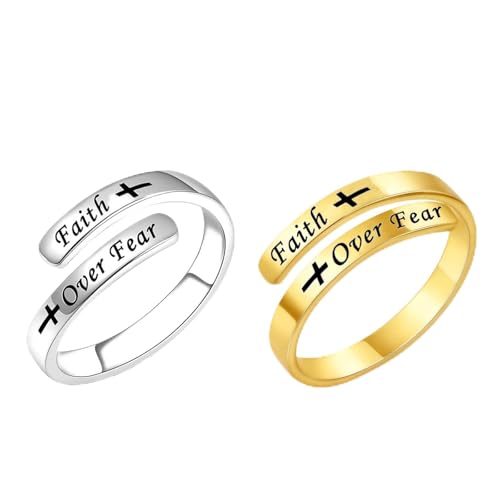 Faith Over Fear Cross Inspirational Rings, S925 Silver Adjustable Tiny Purity Christian Wrap Ring Christian Blessed Hope Encouragement Ring Christmas Graduation Cocktail Party Jewelry Gifts for Women - color: Gold&Silver