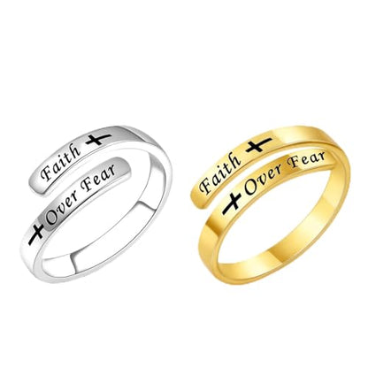 Faith Over Fear Cross Inspirational Rings, S925 Silver Adjustable Tiny Purity Christian Wrap Ring Christian Blessed Hope Encouragement Ring Christmas Graduation Cocktail Party Jewelry Gifts for Women - color: Gold&Silver
