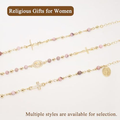 Women's Catholic Cross Rosary Bracelet,14K Gold Plated Virgin Mary Bracelet - color: Gold-2