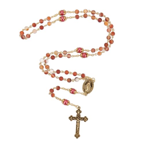 Nazareth Store Catholic Rosary Necklace Matte Stone Beads Green Pearl Round Beads Miraculous Medal & Cross - Velvet Bag - color: Red