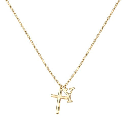 Cross Initial Necklace for Women, 14K Gold Plated Dainty Cross & Letter(A-Z) Pendant Necklace, Personalized Monogram Letter Christian Jewelry,Baptism First Communion Confirmation Easter Gift - color: Y