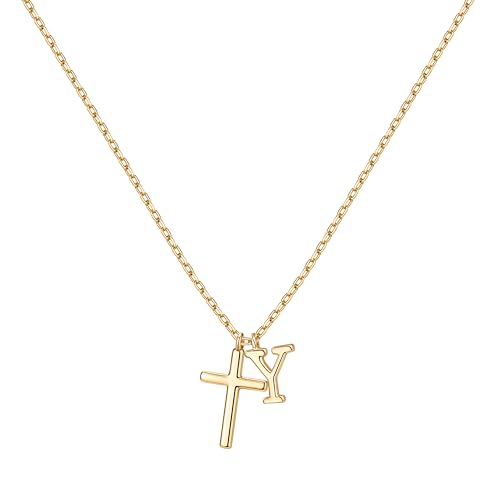 Cross Initial Necklace for Women, 14K Gold Plated Dainty Cross & Letter(A-Z) Pendant Necklace, Personalized Monogram Letter Christian Jewelry,Baptism First Communion Confirmation Easter Gift - color: Y
