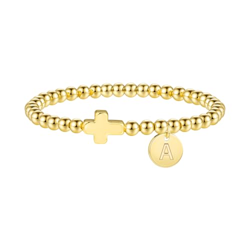 M MOOHAM Cross Initial Bracelets for Women, Letter A-Z Gold Beaded Bracelet - color: A.