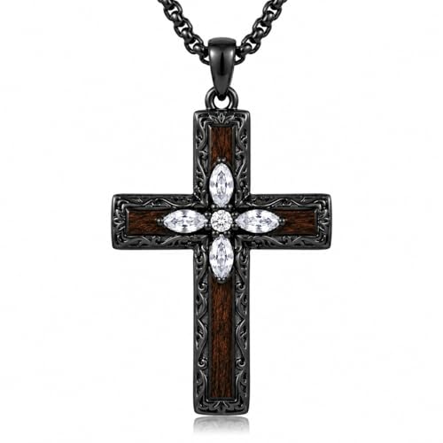 Cross Necklace for Men 925 Sterling Silver Cross Ebony Wooden Ankh Raven Praying Hands Crucifix Amulet Religious Jewelry Gifts for Men Women - color: Cross17