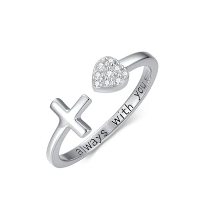 Diamond Cross Rings for Women 925 Sterling Silver Adjustable Cross Dainty Heart Rings with Lab Grown Diamond Christian Gifts for Meaningful Christmas, or Birthday Jewelry