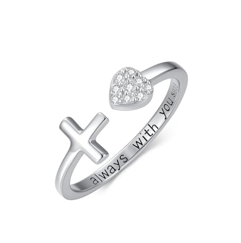 Diamond Cross Rings for Women 925 Sterling Silver Adjustable Cross Dainty Heart Rings with Lab Grown Diamond Christian Gifts for Meaningful Christmas, or Birthday Jewelry
