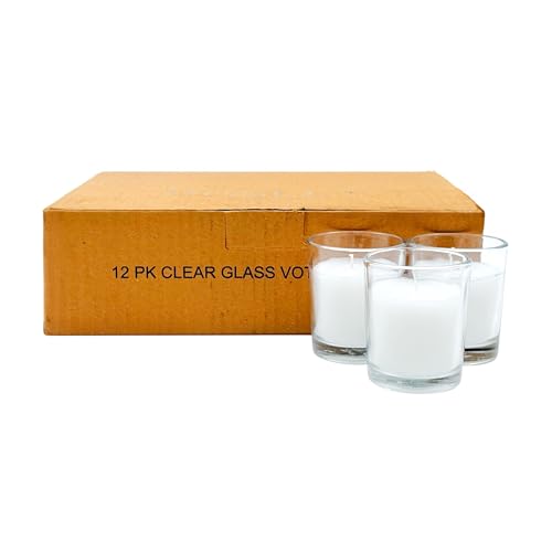 Hosley Set of 12 White Unscented Votive Candles in Clear Glass Holders - Hand Poured Soy Wax, 10-12 Hour Burn Time for Weddings & Home Decor - color: White, size: 12 Pack