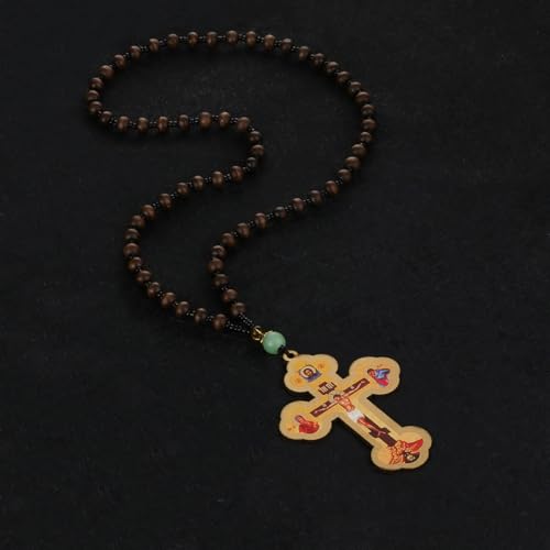 COTTVOTT Wood Rosary Beads Cross Necklace Men Prayer Eastern Orthodox Crucifix Jesus Pendant Necklace - color: color-4