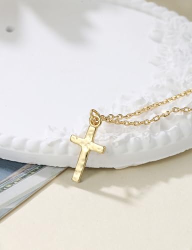 MILACOLATO 925 Sterling Silver Cross Necklace for Women, 14K Gold Plated Small Cross Pendant Choker Necklace, Dainty Hammered Cross Christian Baptism Religious Jewelry Gifts - color: 14K Gold Plated