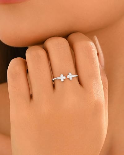 925 Sterling Silver Dainty Gold Cross Stackable Ring for Women Mom Daughter - color: Silver