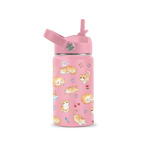 Cat Water Bottle for Girls - 12oz Cat Stainless Steel Water Bottle with Straw - Cute Cats Insulated Cup - Pink Cats Kids Tumbler for School, Sports, Travel - color: Cat01, size: 12 Ounces