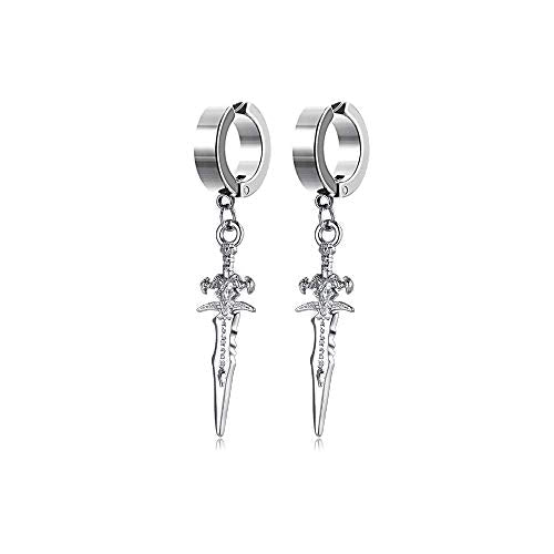 Unisex Punk Hip Hop Stainless Steel Silver Black Gold Tone Lock Thunder Lightning Bolt Dangle Huggie Hoop Earrings Gift for Women Men Boy Teens - color: Silver-No Pierce Cross Sword
