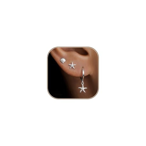 14K Gold Planted Seashell Starfish Stud dangle Earrings for Women, Summer Beach Hoop Earrings for Multiple Piercing Cartilage, Dainty Trendy Dangling Earring 3 Pairs Set Vacation Ocean Outfits Accessories Jewelry - color: SeaShell-Silver