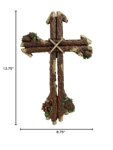 Ebros Gift 13.5" Tall Rustic Western Rugged Tree Logs With Pine Cones Wall Cross Decor Hanging Sculpture Catholic Christian Country Cabin Lodge Accent Decorative Crosses